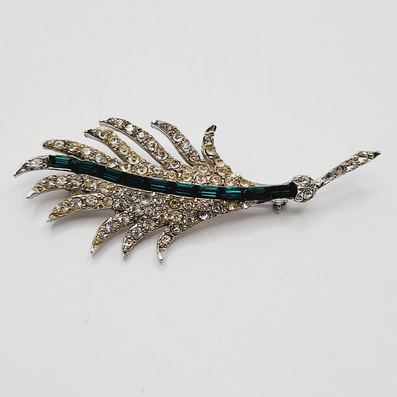 Pell Feather Leaf Brooch Green Baguette Rhinestone Vintage Rhodium 3" - Picture 1 of 8